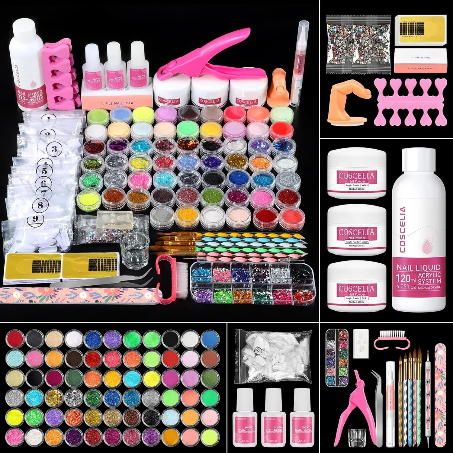 Complete Acrylic Nail Art Kit for Beginners: UV Lamp, Drill & 12 Glitter Powders - Ideal Mother's Day Gift