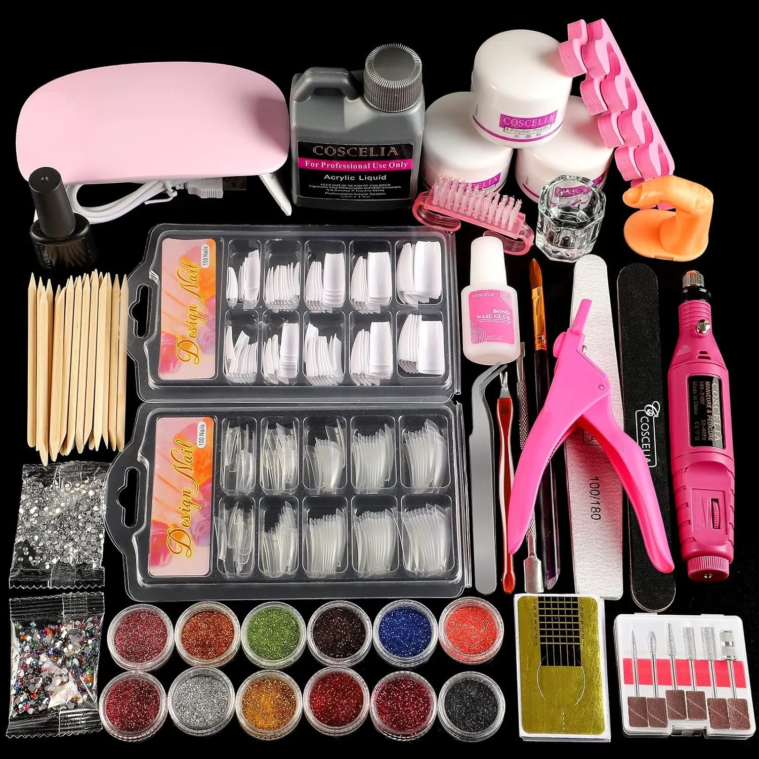 Complete Acrylic Nail Art Kit for Beginners: UV Lamp, Drill & 12 Glitter Powders - Ideal Mother's Day Gift