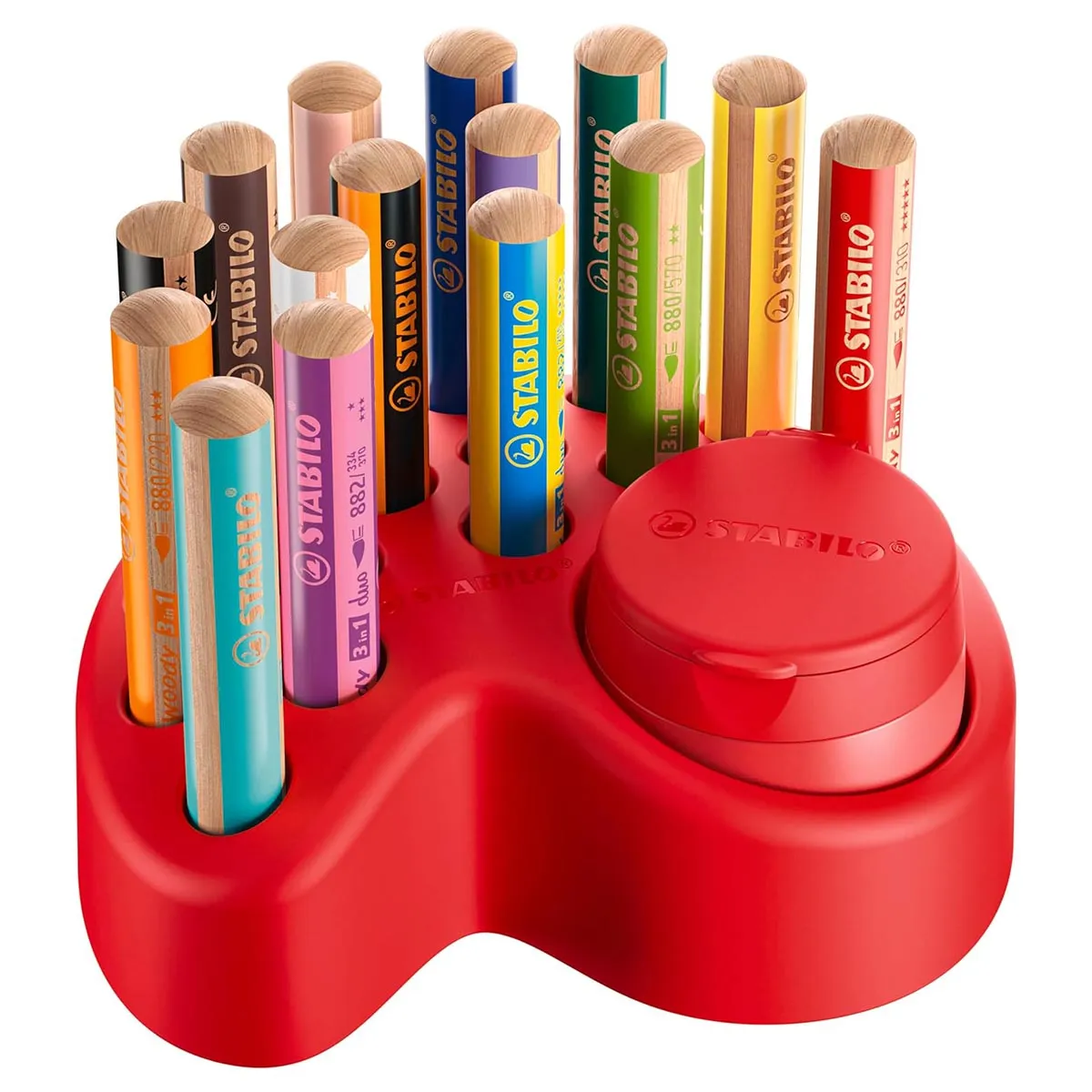 STABILO woody 3 in 1 Deskset with 15 Multi-Talented Pencils and Sharpener with Container